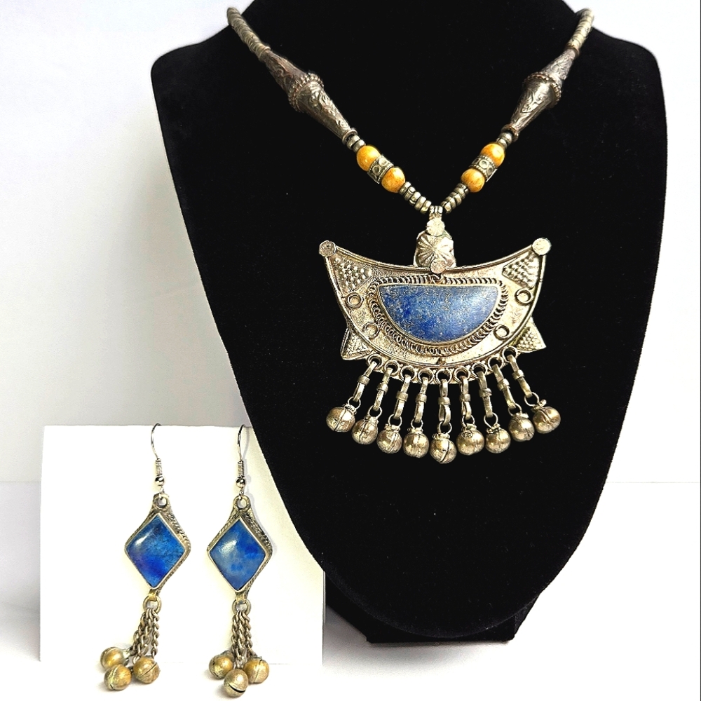 VTG One-of-a-Kind Handcrafted Lapis Lazuli Tribal Ghungroo Necklace & Earrings